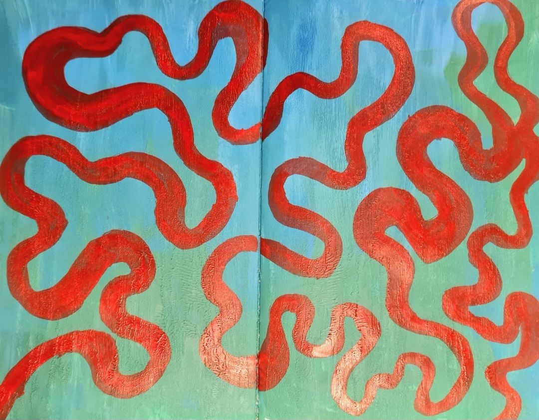 Green/blue background with red wiggly line wandering around the page