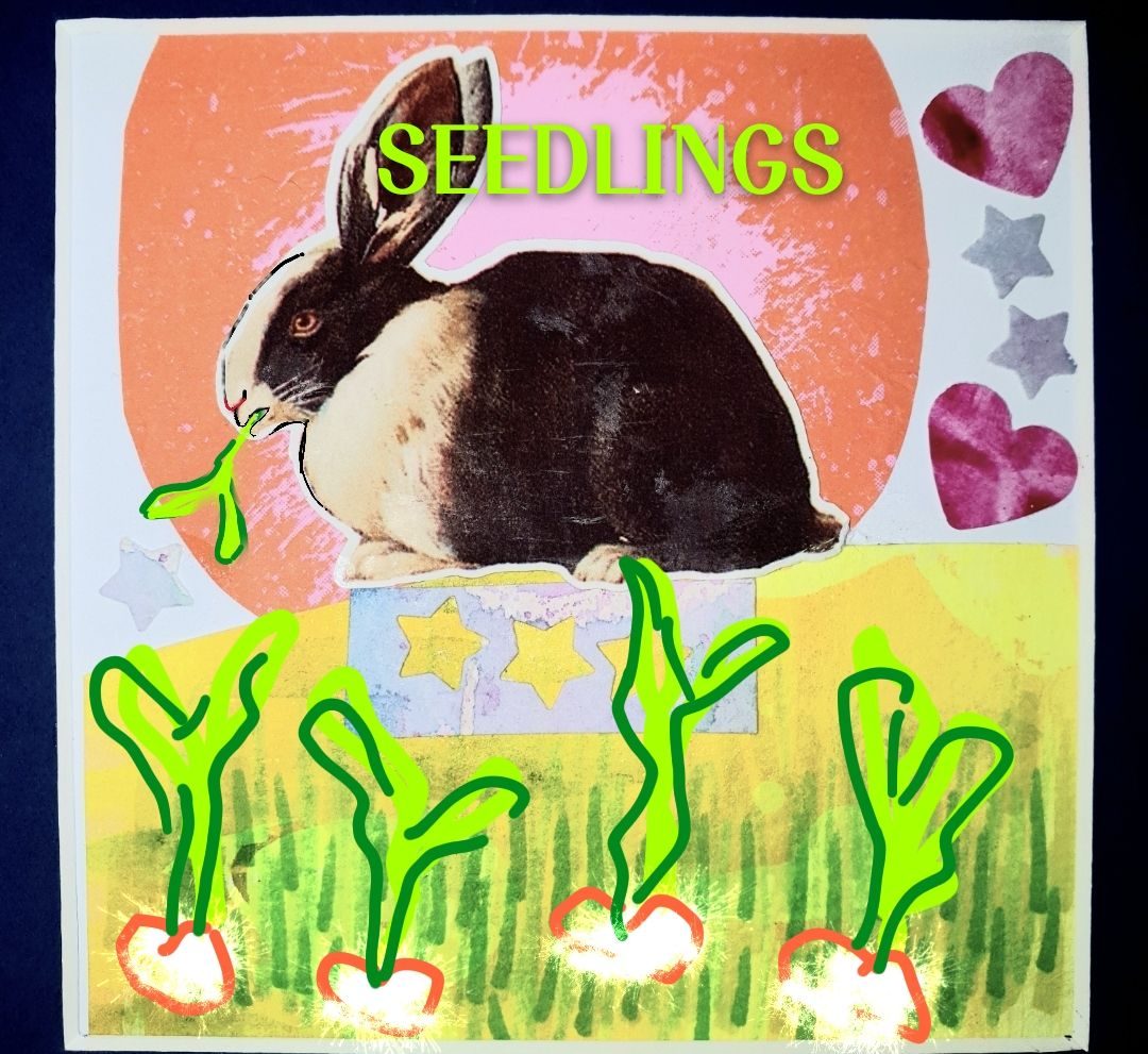 A rabbit eating some seedlings, with a big red sun in the backgrounf