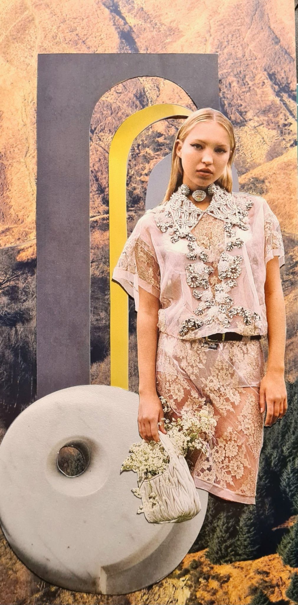 Photomontage with image of highlands as background, a posing model as the foreground framed by an archway