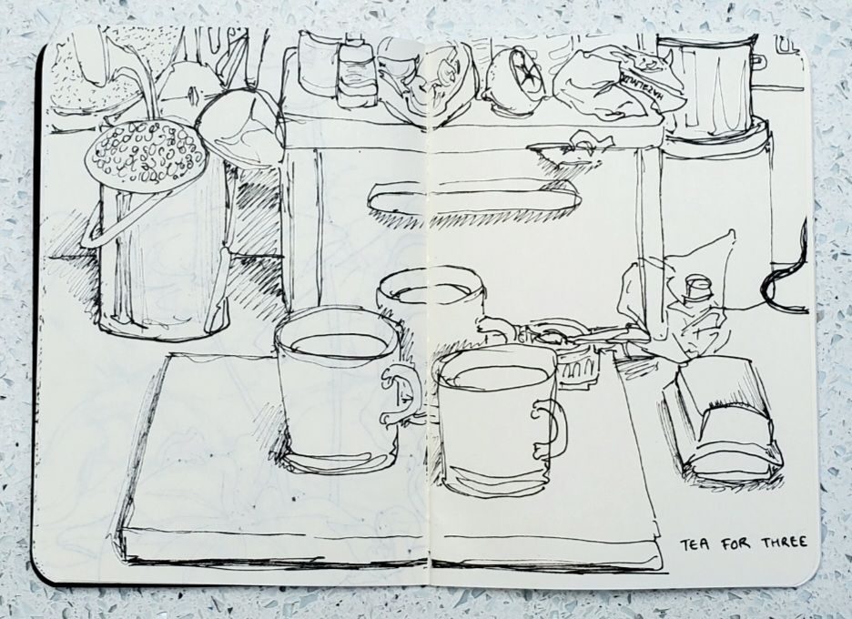 Pen fine liner sketch of a three mugs of tea in front of a bread bin.