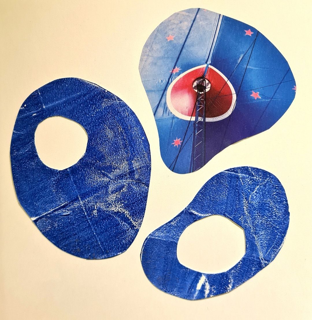 Three blue cell shaped blobs arranged vaguely in a circle. One is a cut out photo of a big top tent.