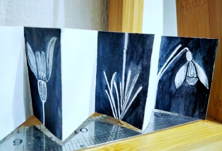 Small painting of a snowdrop, in concertina book - held inside gifted matchbox.