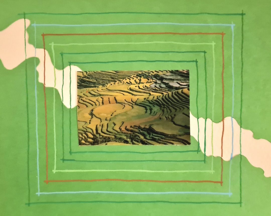 Image of a terraced landscap with green paper cut background