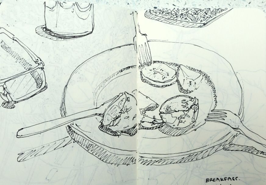 Pen fine liner sketch of a plate with a few last pieces of fruit on and three forks resting on the edge of the plate.