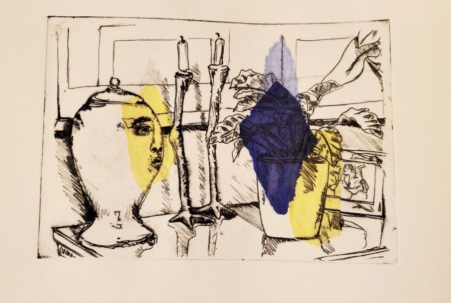 Monotype, black and white print with blue and yellow tissue paper