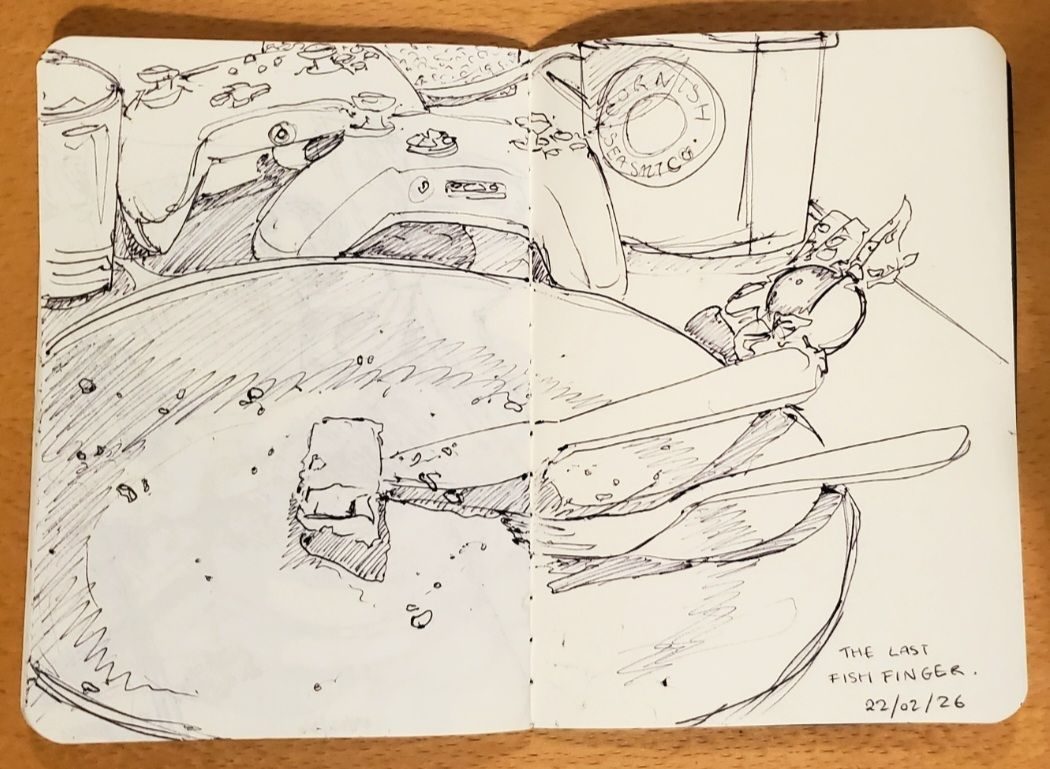Pen fine liner sketch of a plate with half a fish finger on
