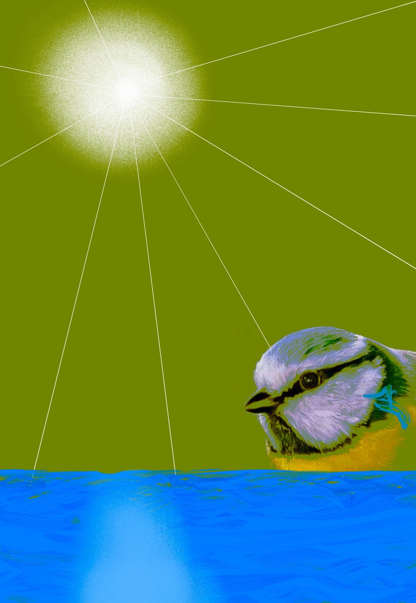 Collage of blue tit’s head on geometric background of sun and sea