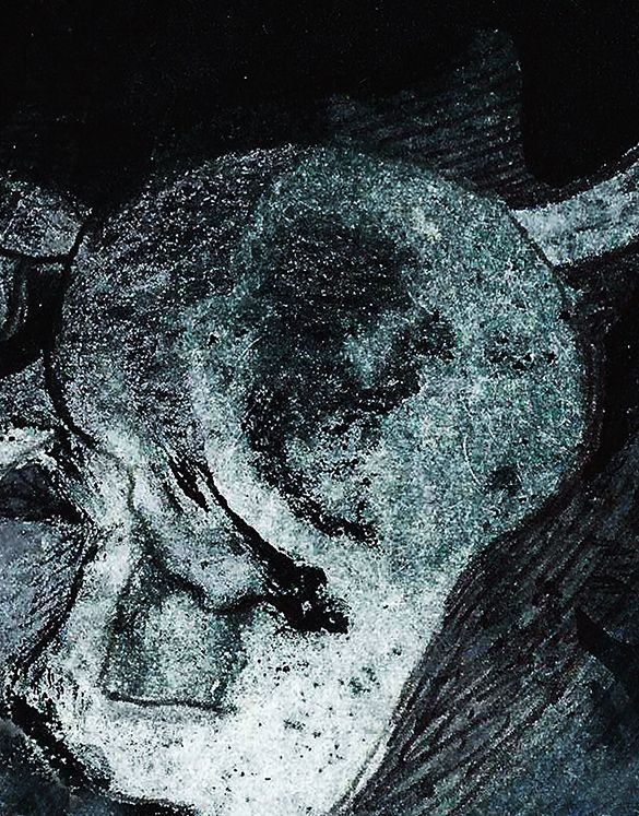 Soap ground etching printed on paper that resembles an ultrasound picture.