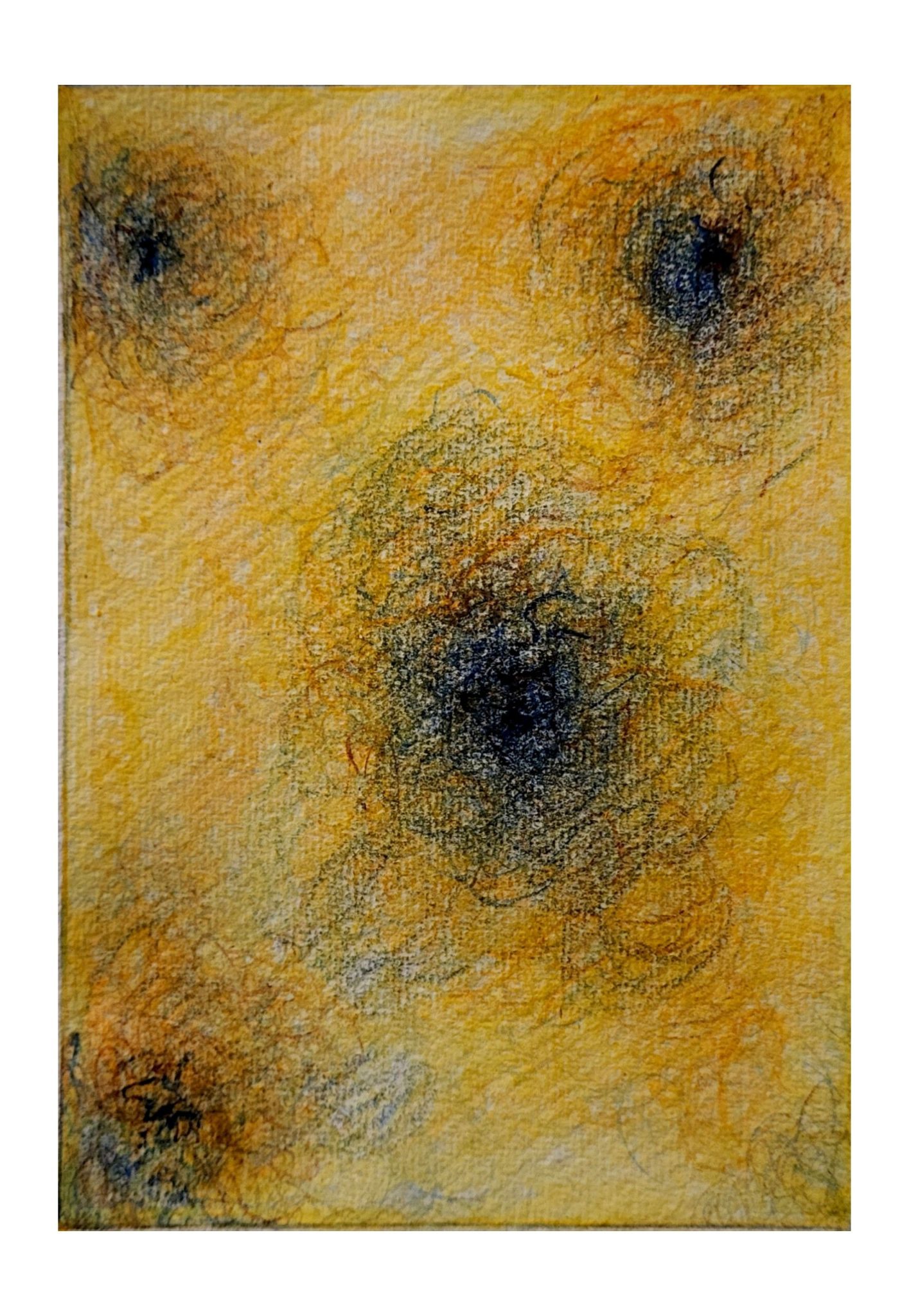 An abstract drawing of blue blurred shapes in a yellow background