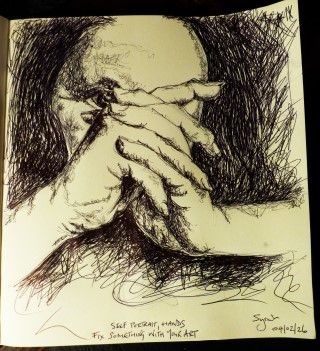 Dark Biro drawing of hands, face hidden in the background