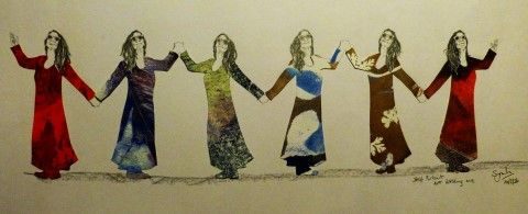 A collage made up from colourful monoprints, used as a dress and boots, with pencil drawing head and hands - six portraits linked like a doll-chain