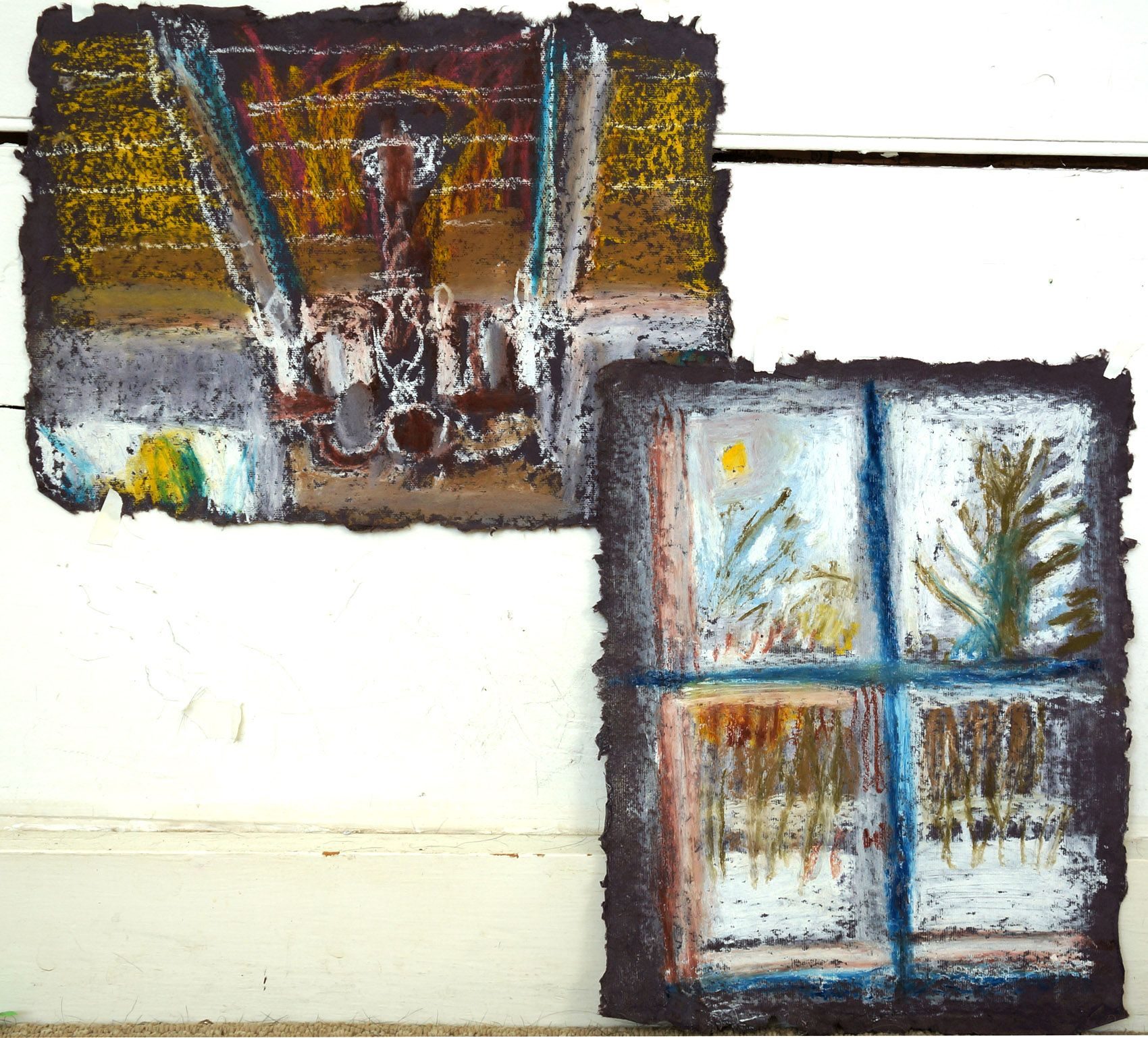 Obsevation interior, 2 sheets  8.5 x 11 paper, (17 inches high x 19 inches wide), pastel on paper,