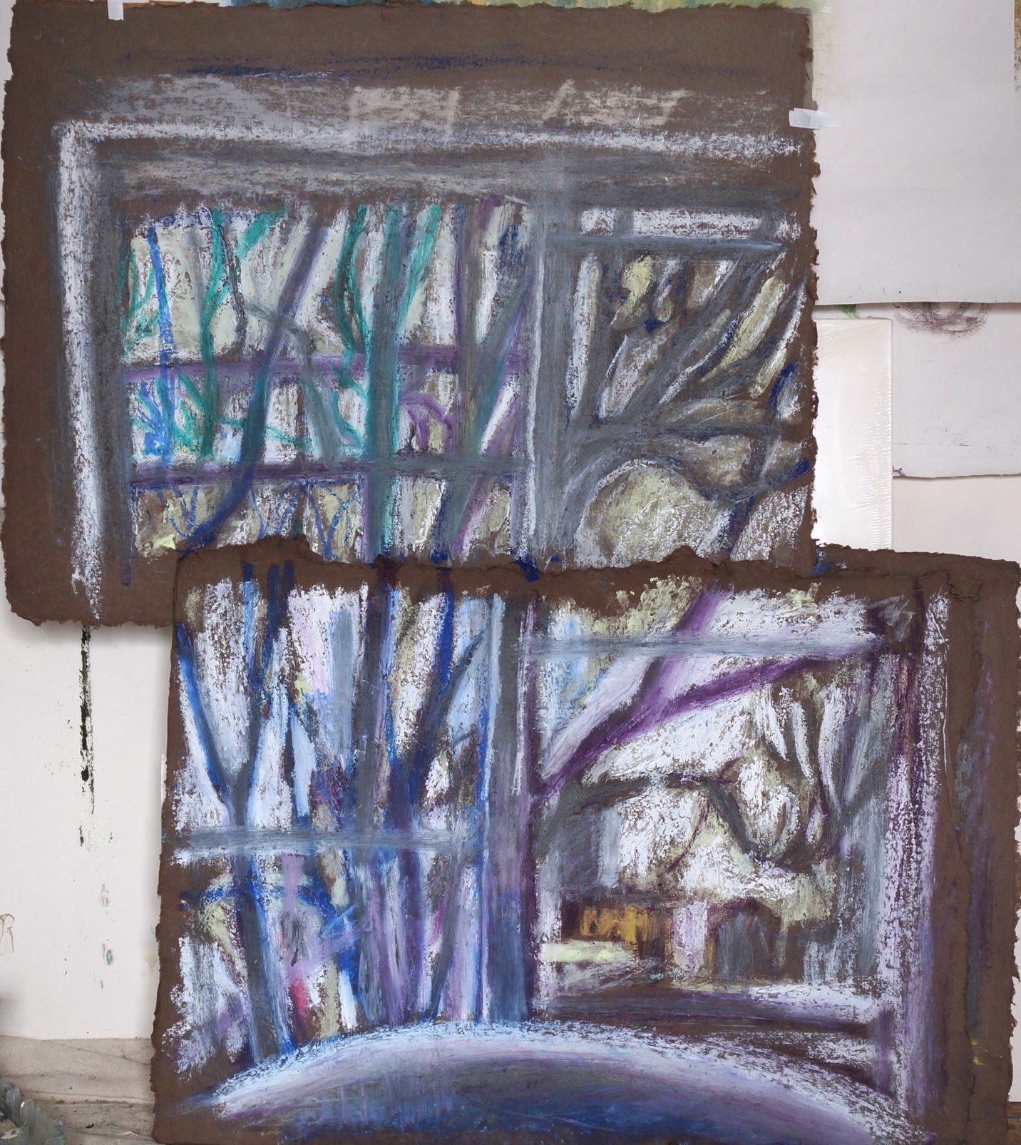 Interior observation window view, acrylic and oil on paper, overall 44 x 36 inches