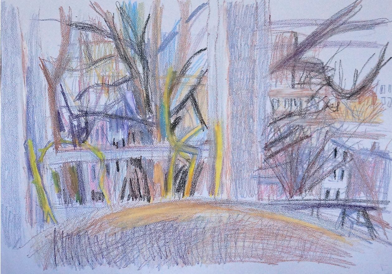 Observation, window view, crayon on paper, 19 x 25 inches