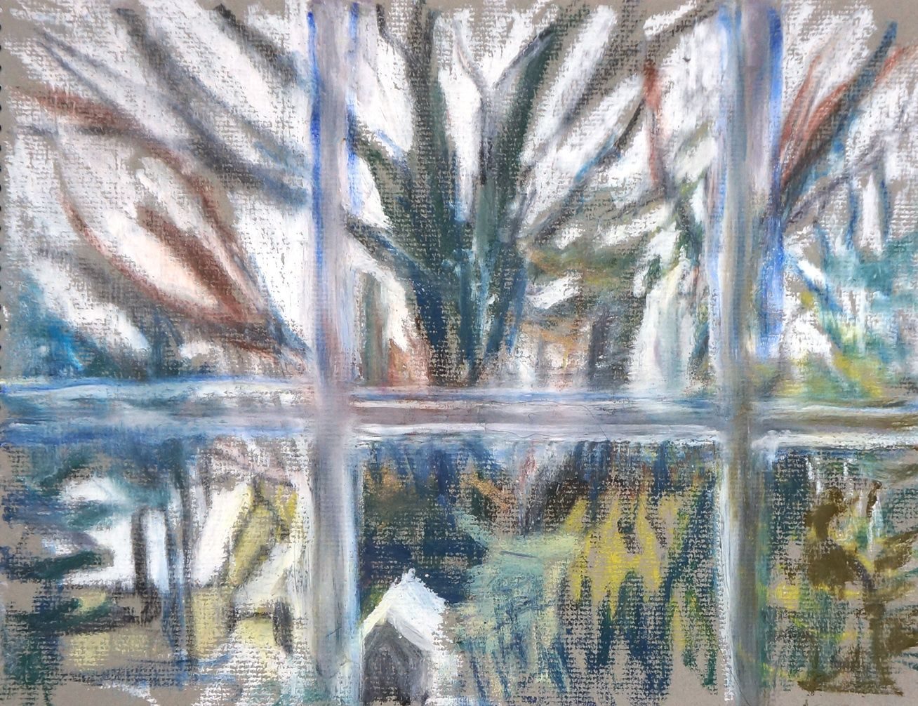 indoor observation, trees, 9 x 12 inches, pastel on paper