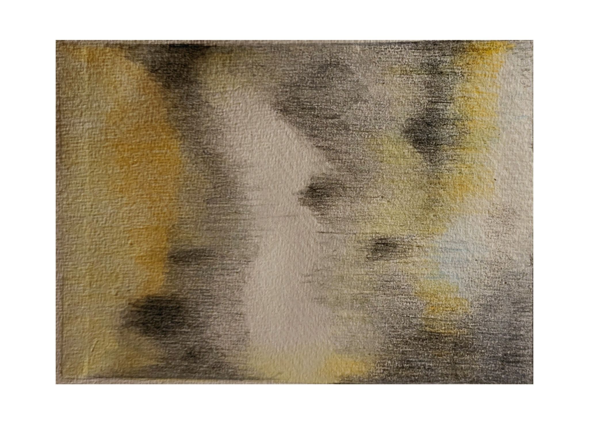 An abstract drawing of white, grey and yellow shapes