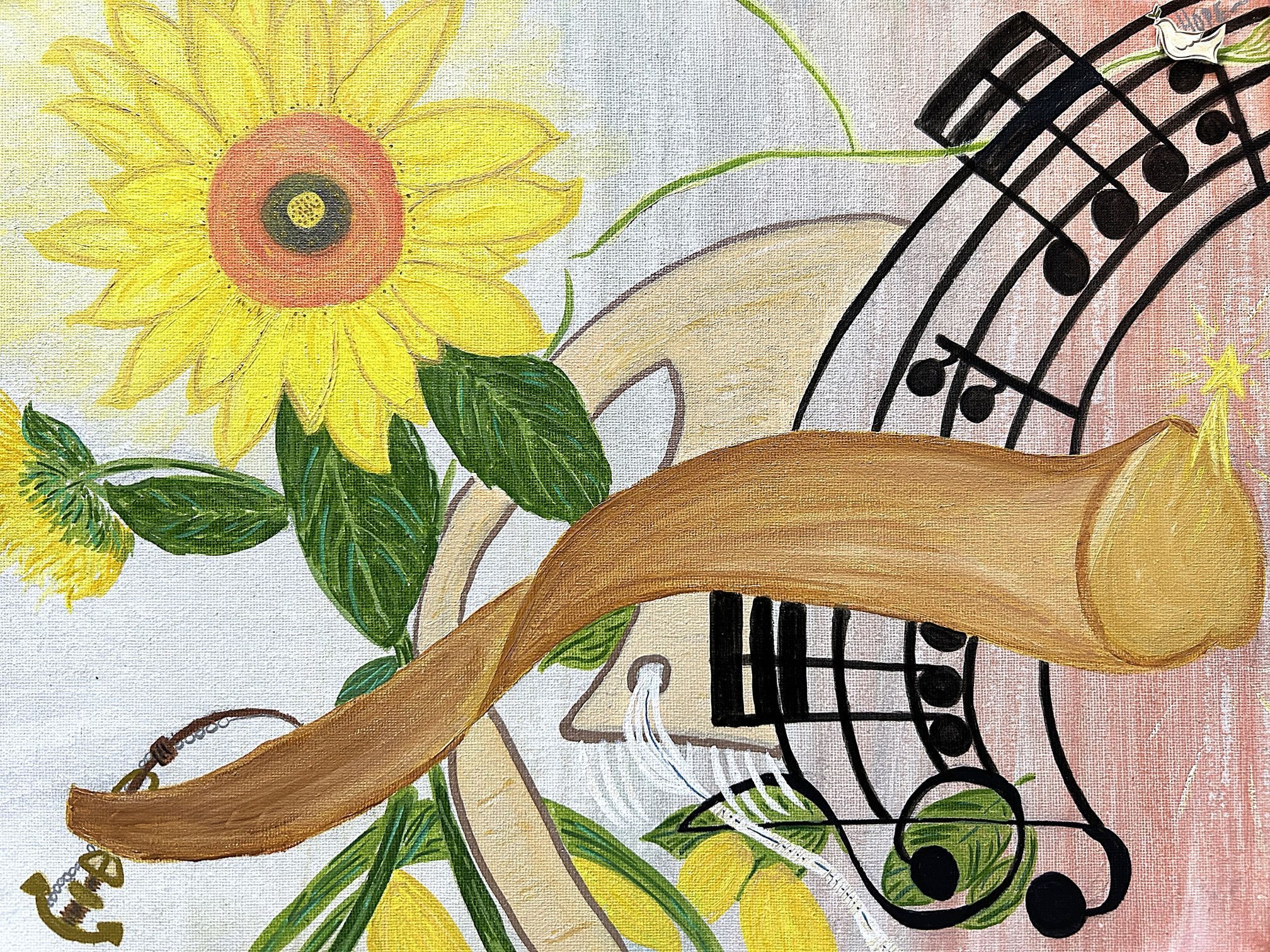 This painting includes a sunflower, a shofar, and the musical notes of the shofar.
