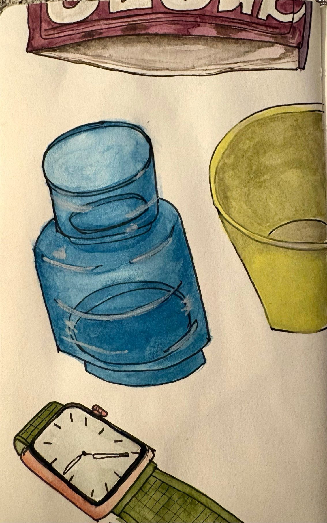 Watercolour sketch of Apple Watch, small vase, small pot and snack packaging
