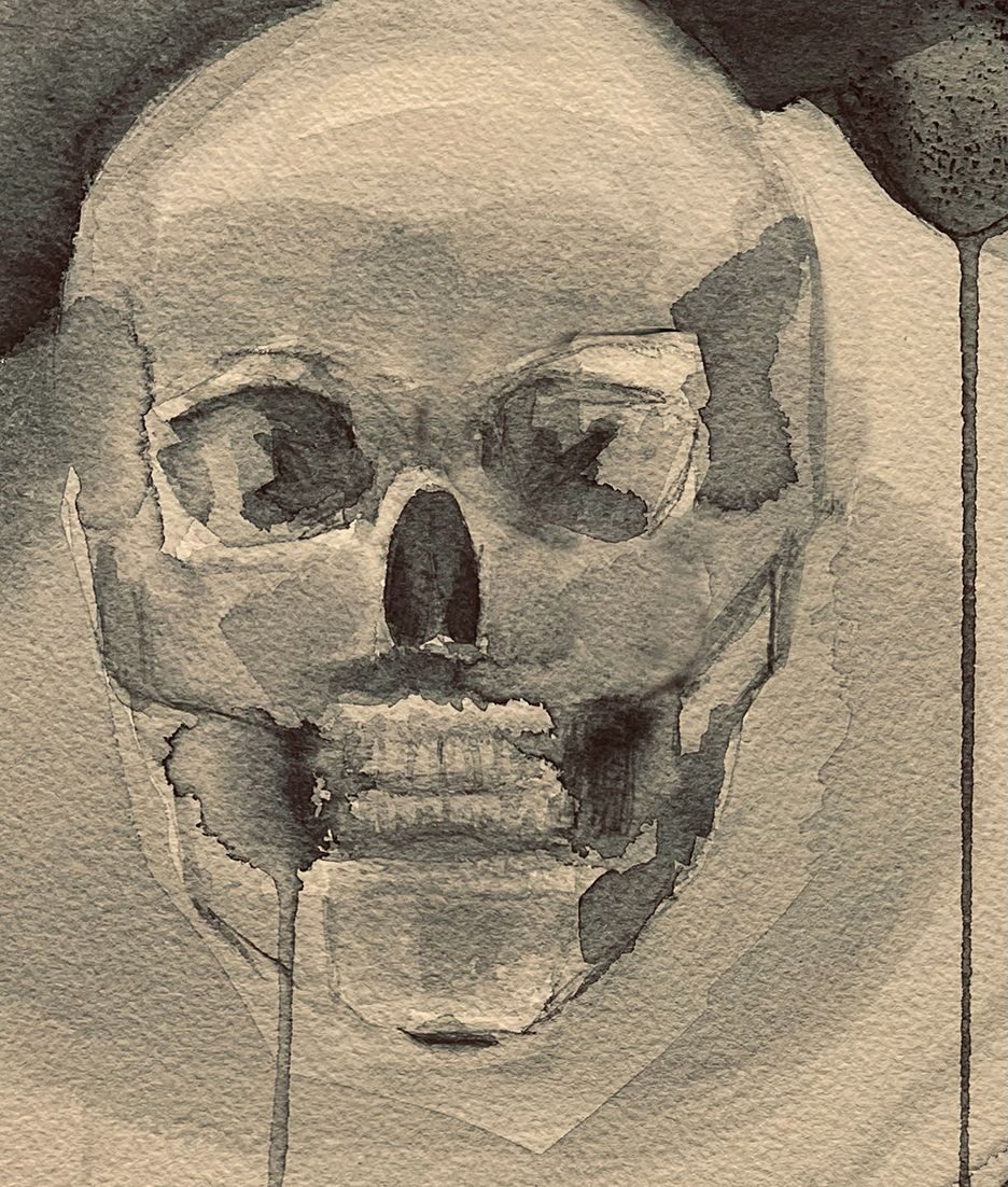 Water colour sketch of a human skull on cold press water colour paper.