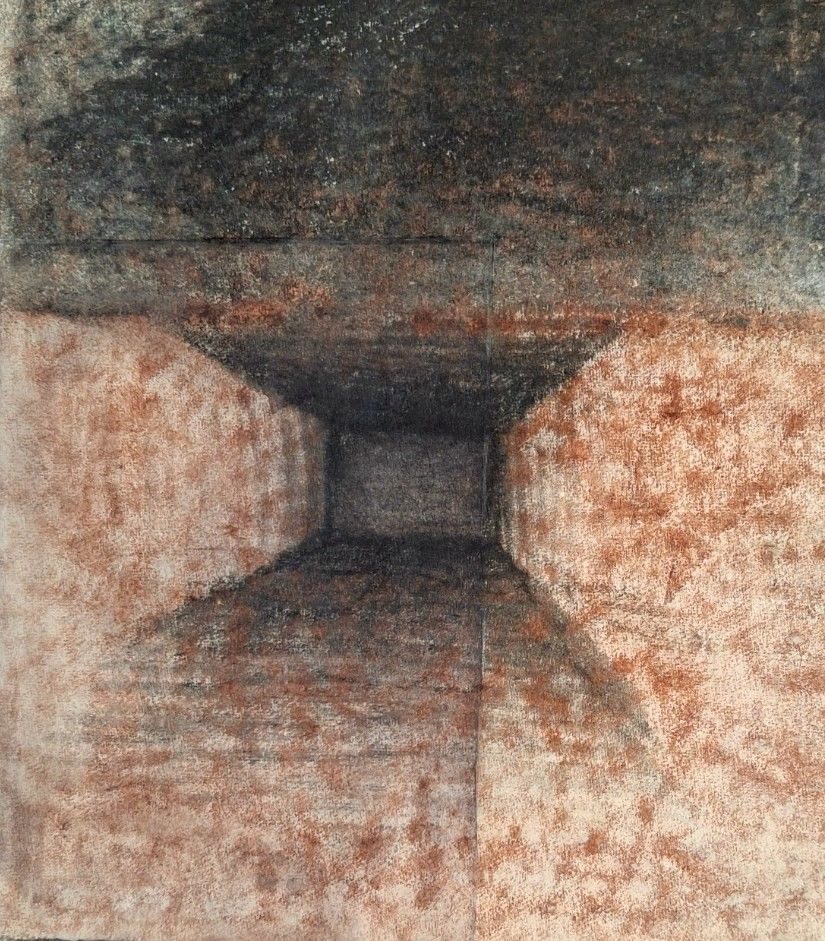 brown and black charcoal pencils on paper - small room disappearing into the distance