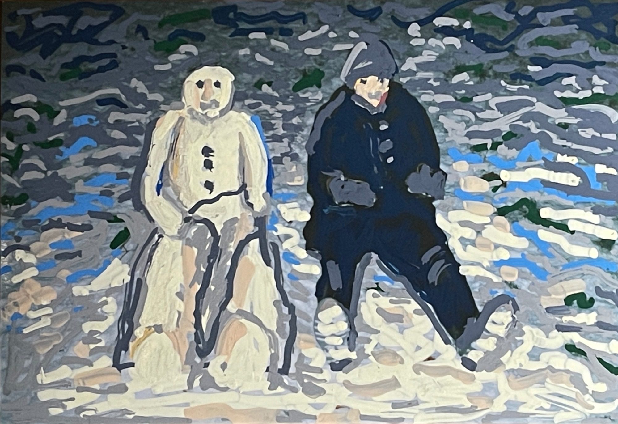 Sitting Snowman sledging and bundled up figure pretending to sledge alongside. Posca pen on photo