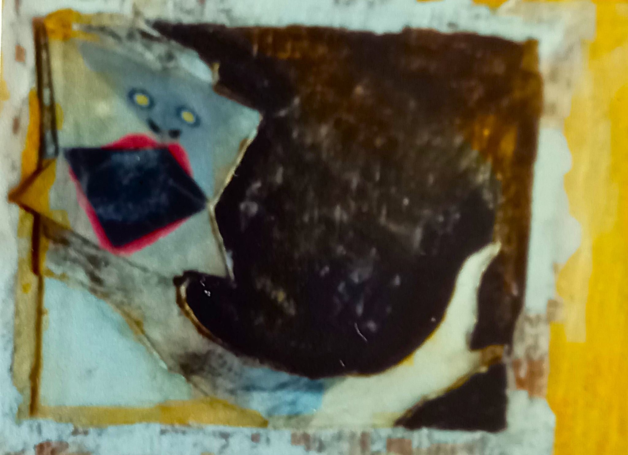 photograph montage of an old friend smiling with a paper mask on