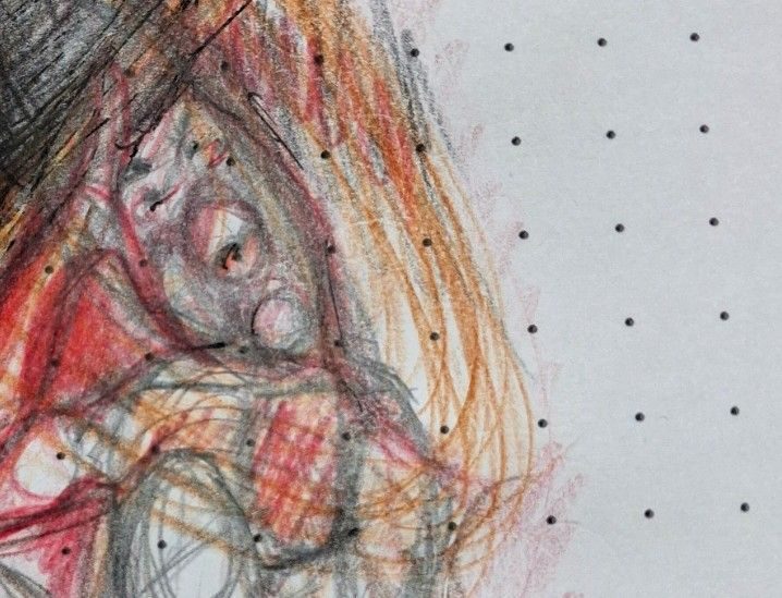 Coloured watercolour pencils on dotty paper, a sleepy head resting on a hand