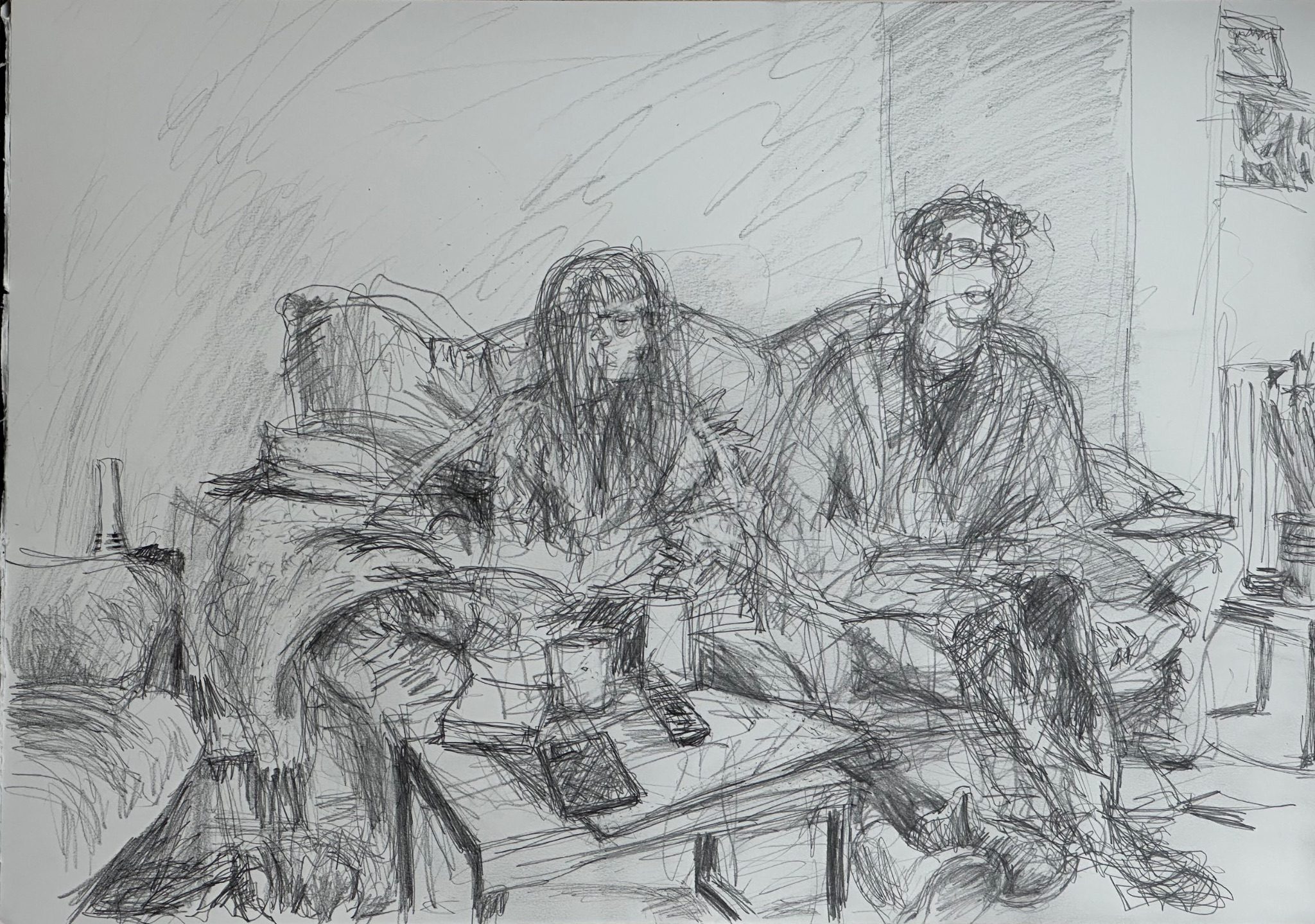 Pencil drawing of interior with two people on sofa