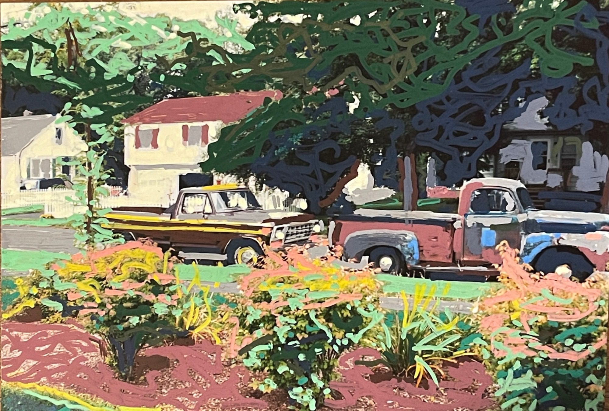 2 trucks 1 smart and 1 battered parked on a suburban street with foliage around. Posca pen on photo.