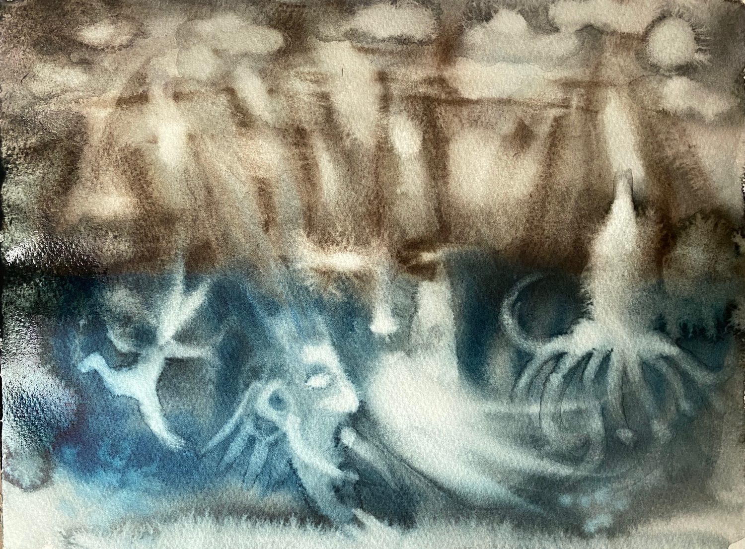 Watercolour on paper. landscape orientation. Top half brown and lower half blues - a kind of sea, a squid a few faces emerging - blowing / exhaling/ smoking? tentacles and clouds