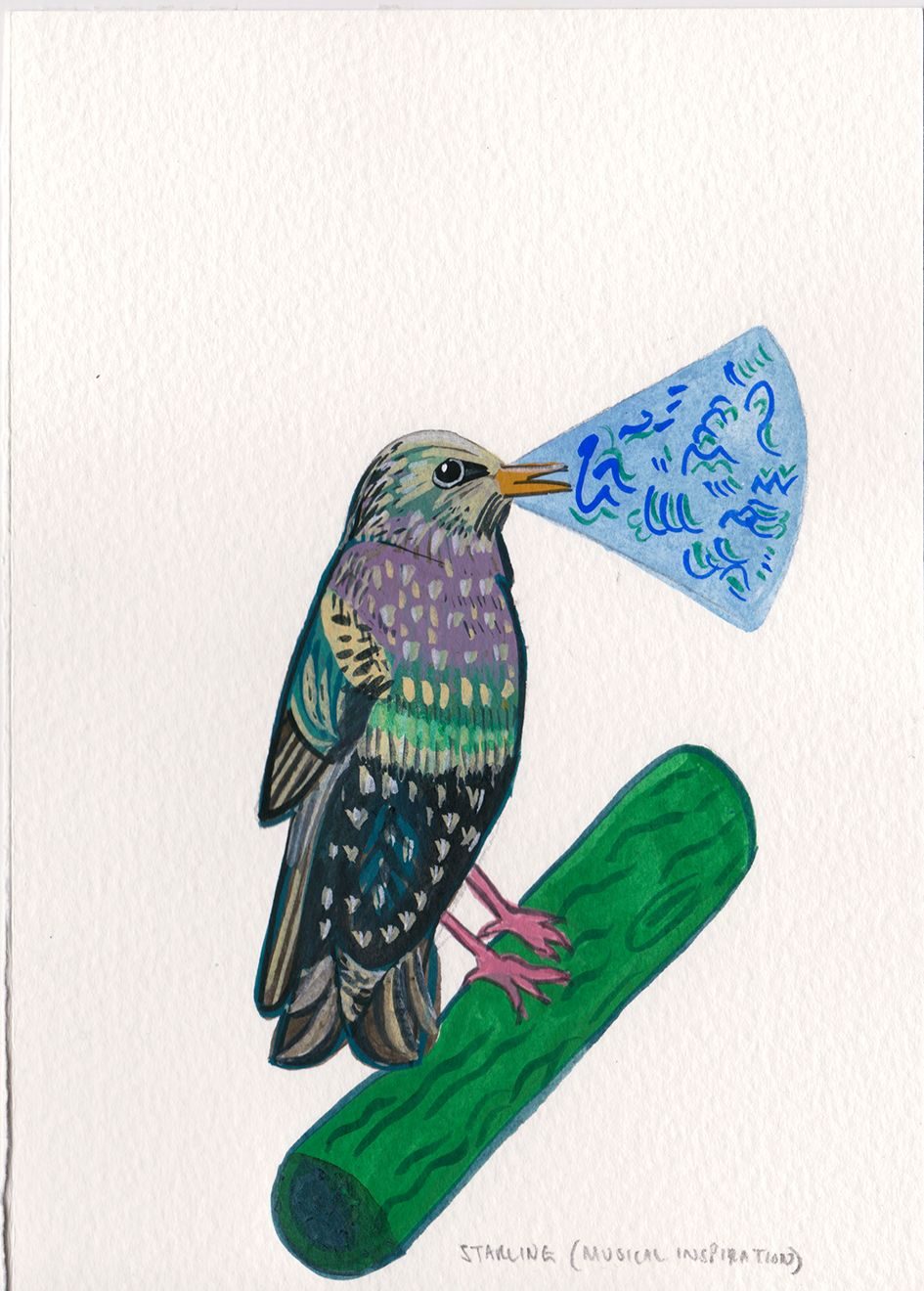 A painting of a starling singing