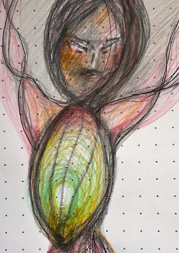 Coloured watercolour pencils on dotty paper of a figure dancing