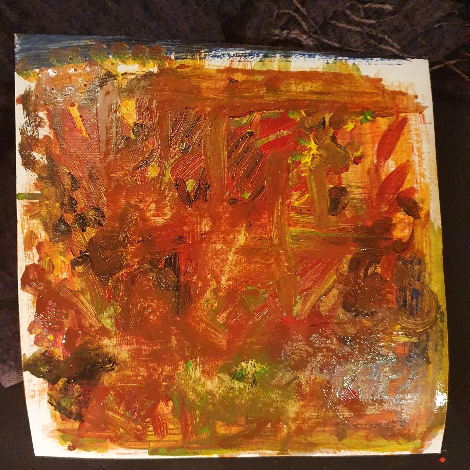 Acrylic on card board colours red, green and yellow and a bit of black mixed