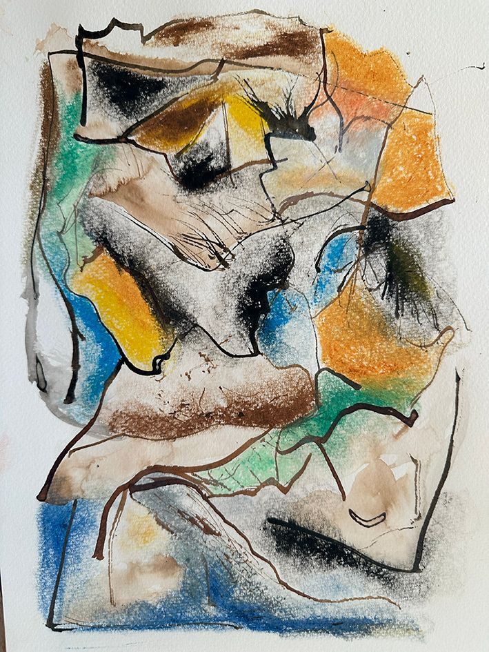 Abstract painting in sepia and burnt umber ink with blue orange and green colors over it