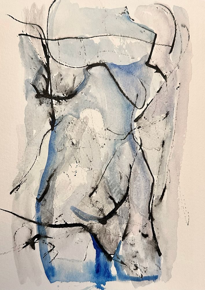 Abstract painting in blue resembeling human torso