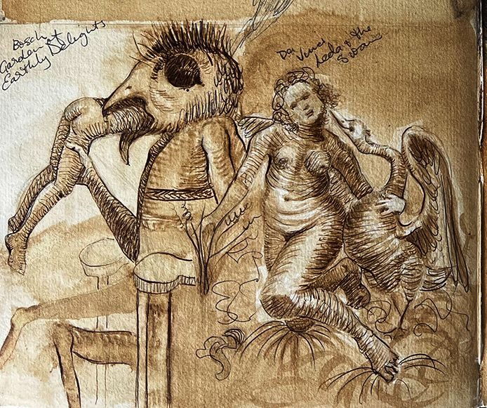 Sepia Pen and Ink drawing in sketchbook inspired by Bosch and Da Vinci