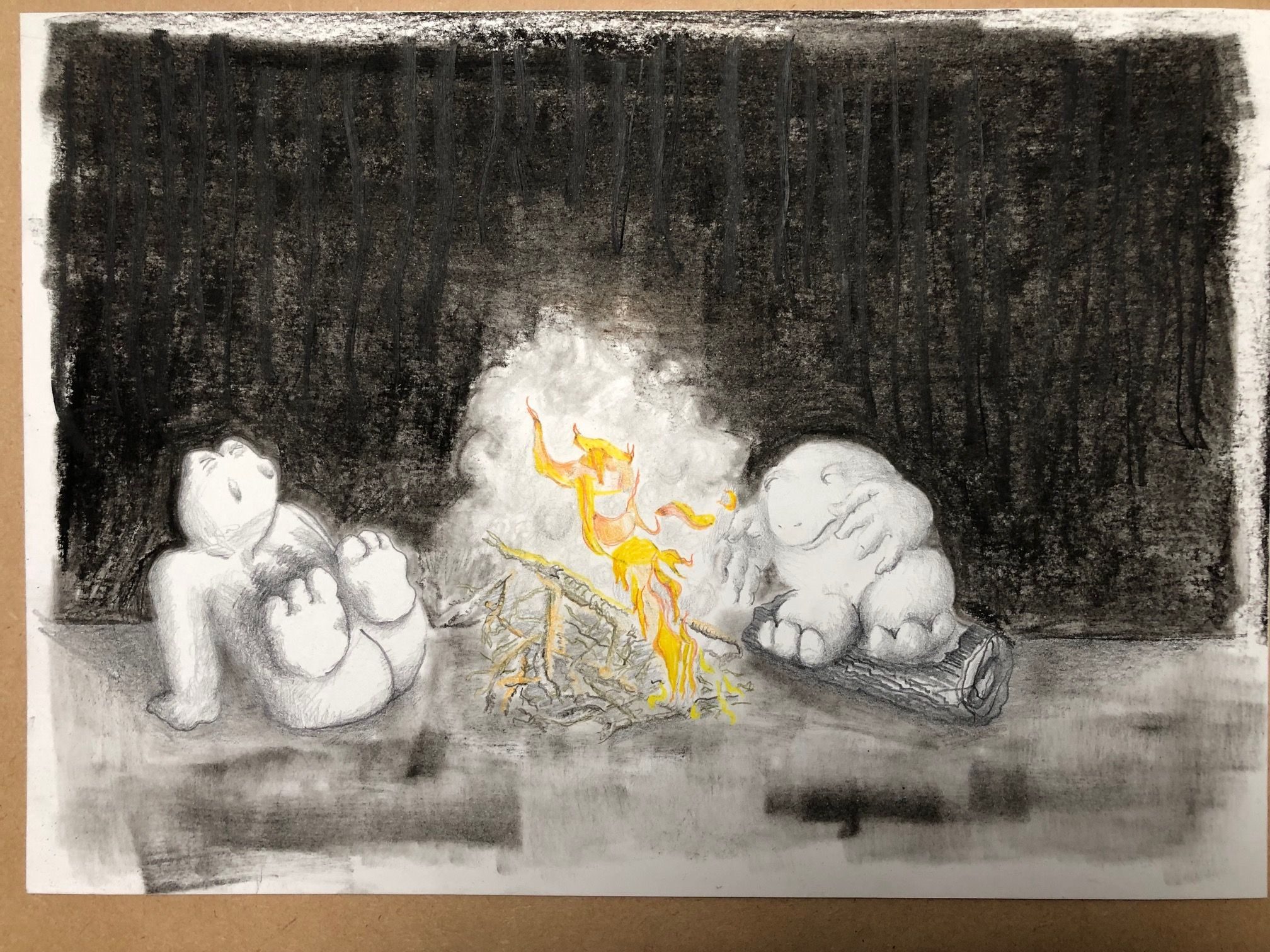 A graphite, watercolour pencil and charcoal on cartridge paper. A monochrome (except for a blazing yellow fire) drawing based on photographs of previously made polymer clay figures and found internet images. Two unearthly figures sit warming themselves by a log fire in an open but dark environment - possible in some woods.