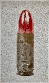 Riso print on paper. This image is of a .32 caliber bullet (the type of used to shoot Andy Warhol in 1968), it has a lipstick red tip to mimic Warhol's screen print style and his interest in death - although this is too close for comfort (in fact, a bit grisly).