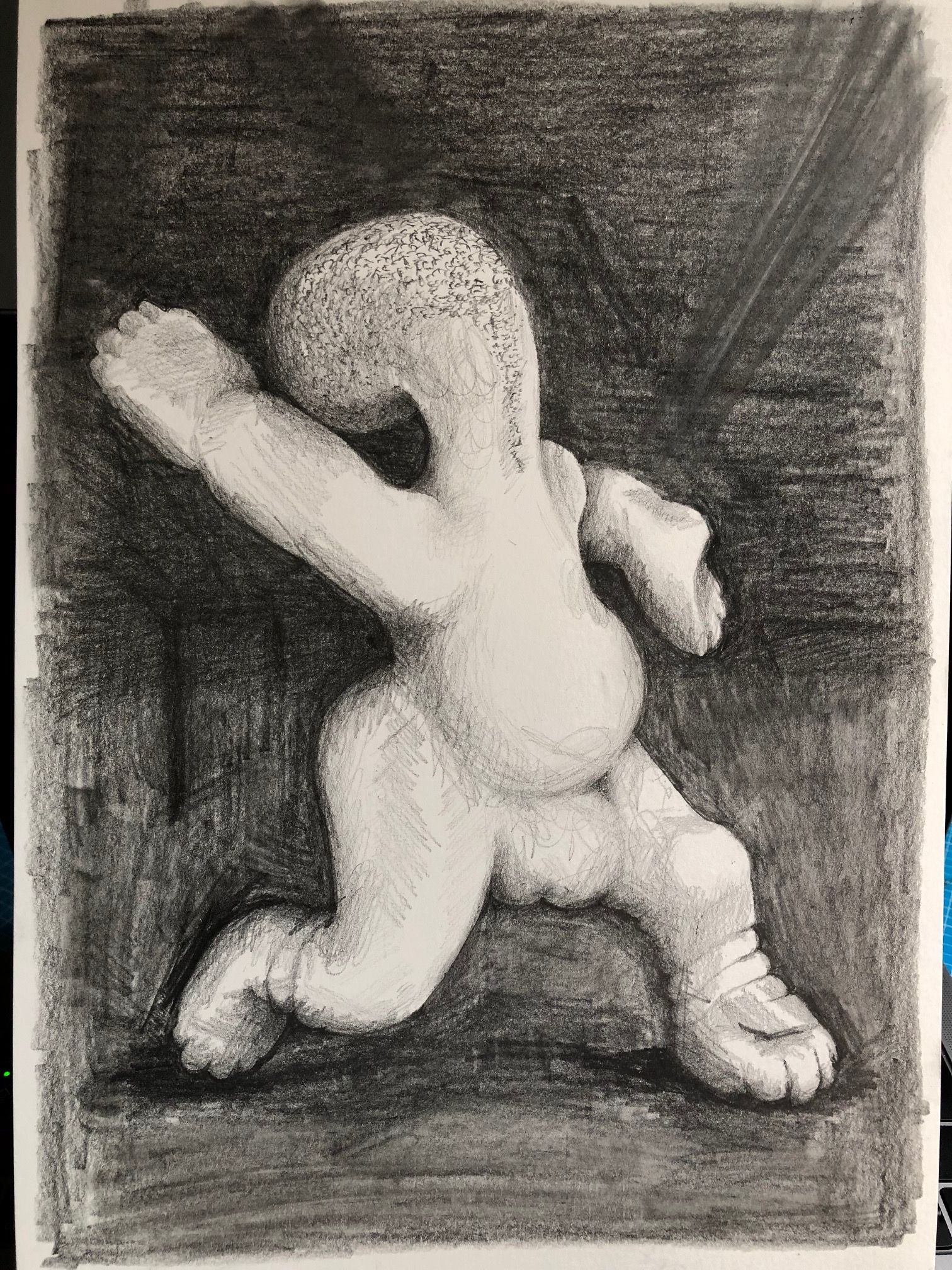 A graphite drawing on paper of an imaginary figure created in polymer clay. I have used this figure previously in exhibitions and animations but never drawn it before.
