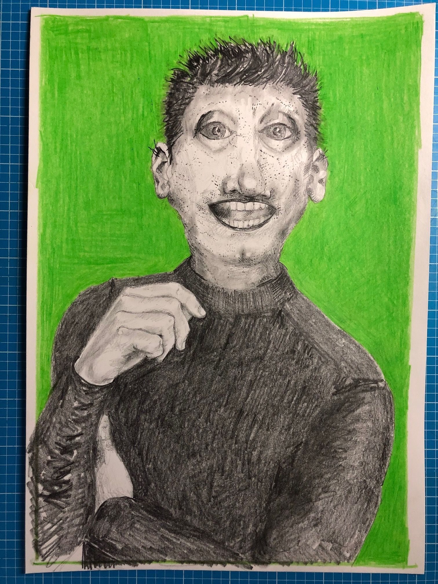 A graphite and coloured pencil drawing on paper of a Modroc mask with added body. It is a fictional drawing of a kind of life that has traction on reality. I have previously used the mask in animations.