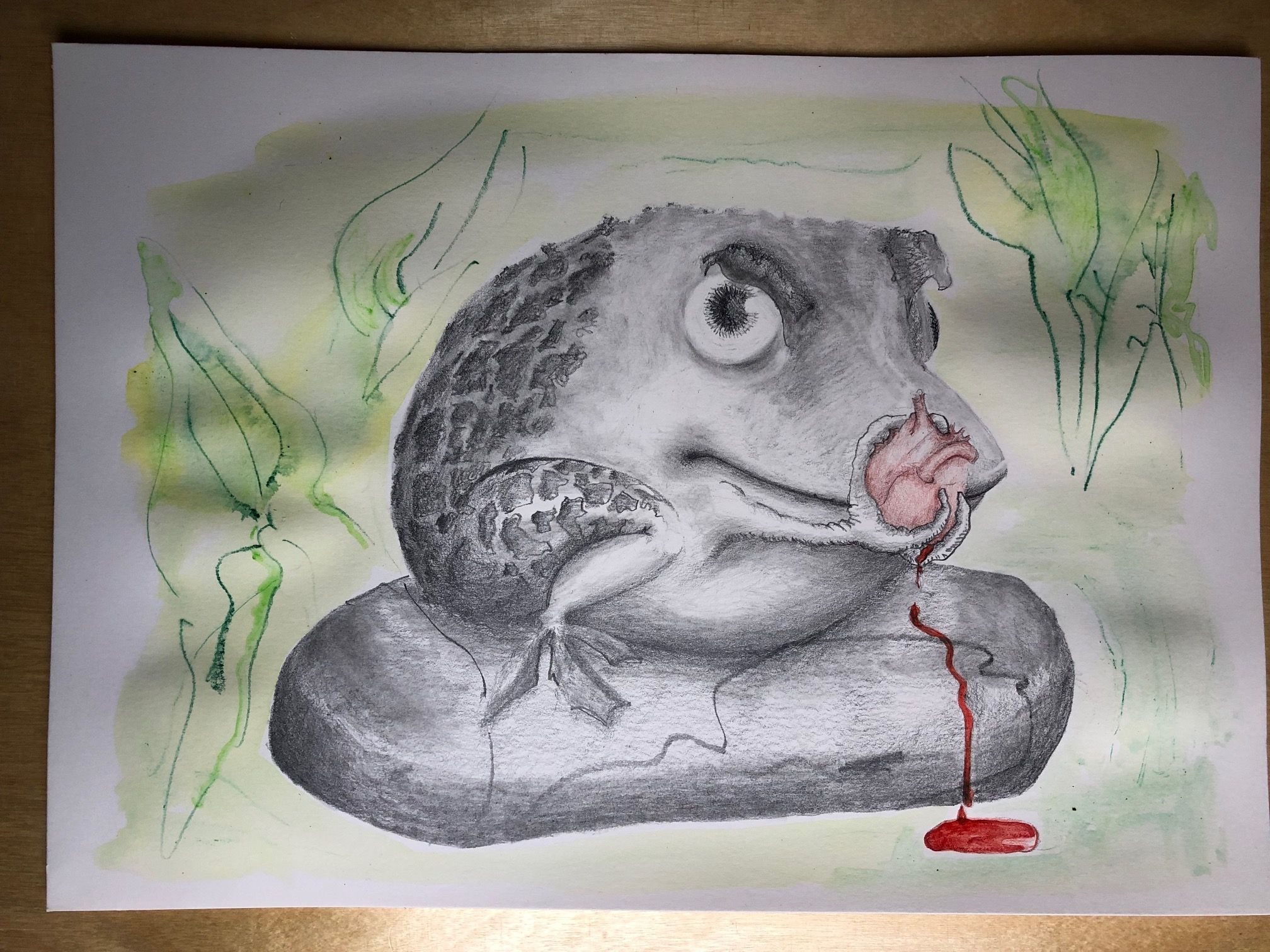 A graphite and watercolour drawing taken from part an pareidolia inspired oil painting.