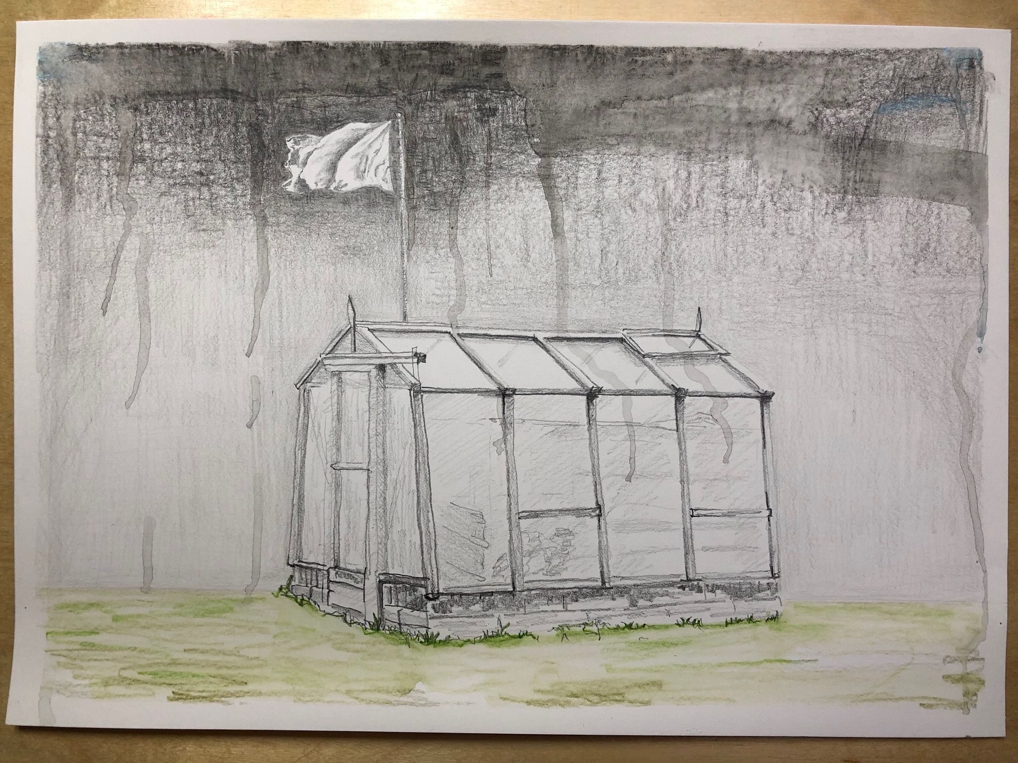 A graphite and watercolour drawing inspired by the Artquest 'flag' prompt and a transparent I made previously. The flag is attached to a green house as an emblem to the green movement/renewal rather than an institution or nation state/