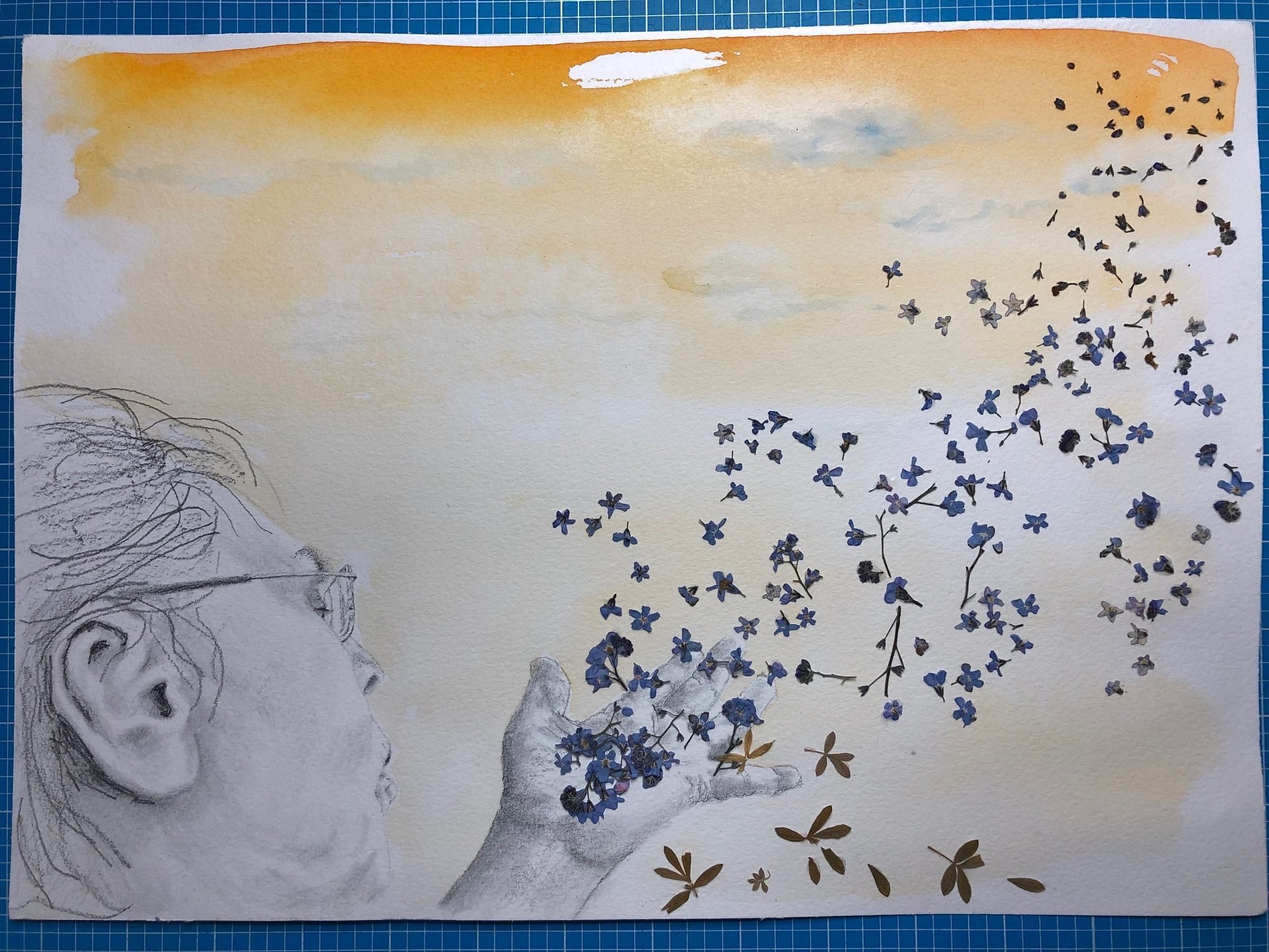 A graphite, watercolour, dried flowers and PvA glue - drawing taken from photographs..