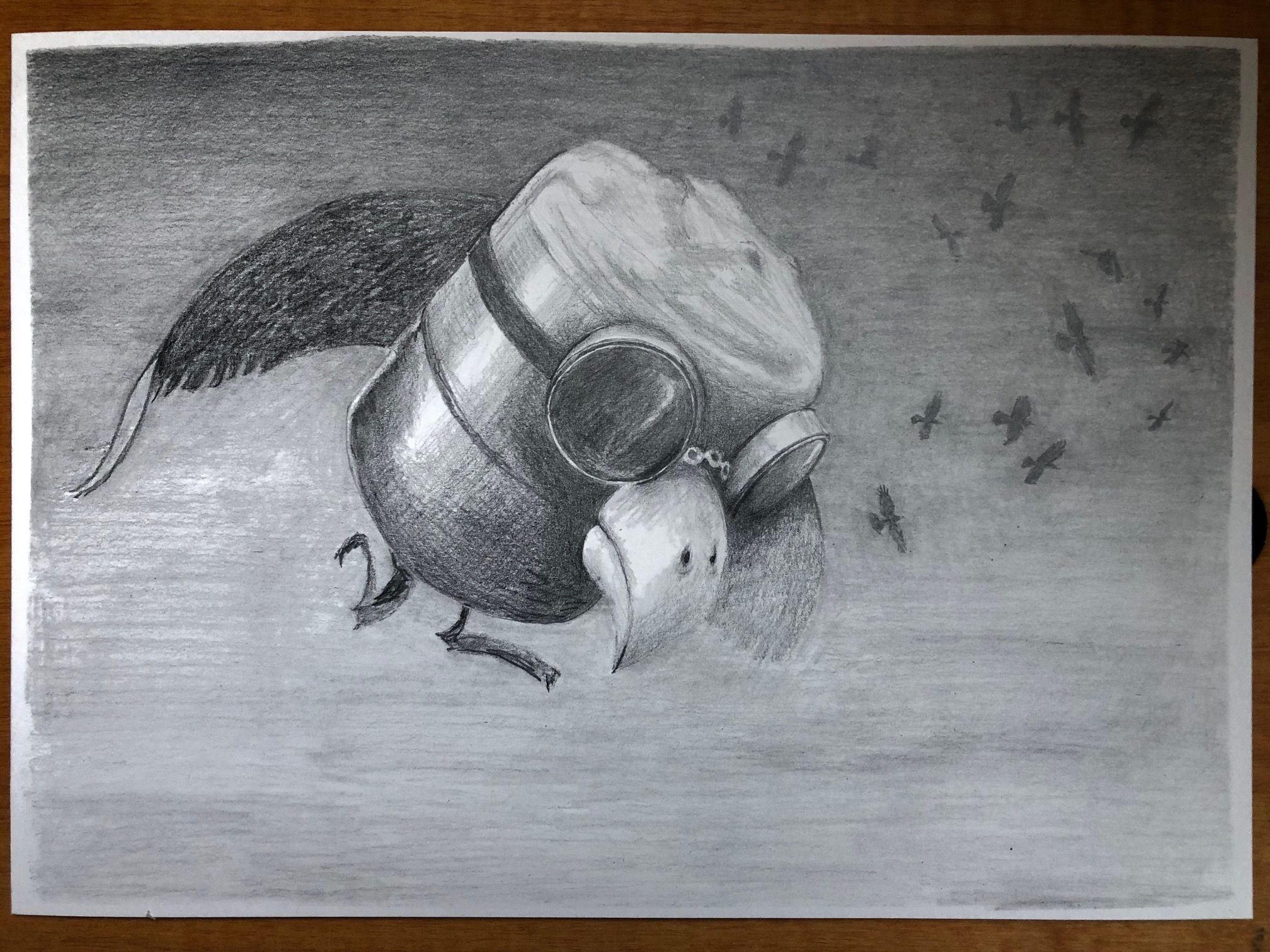 Graphite drawing on cartridge paper. An bird-type figure with a large hooked beak and dark lensed goggles flys in a dark sky. Rooks circle high in the sky, at a distance from the bird.. The bird appears to be scanning the ground, which cannot be seen. The bird is a creation I previously made from an empty gas canister and other found items.
