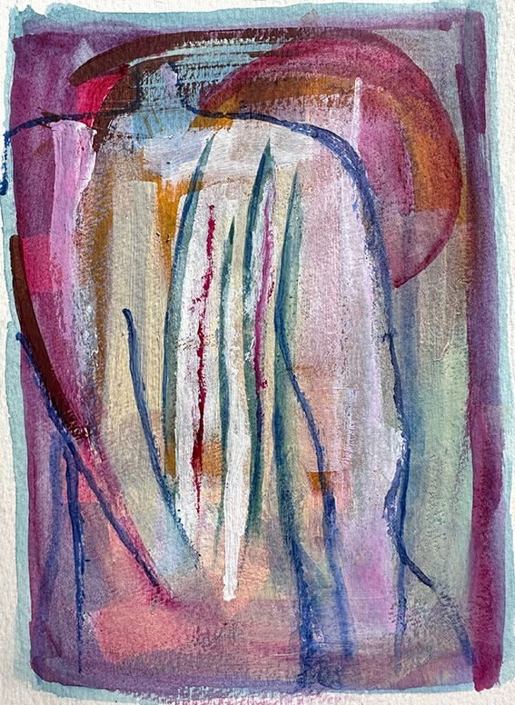 Mixed media painting in blue purble and orange tone depicting human shape with circle