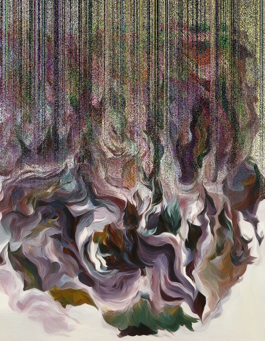 An abstract acrylic painting in black purple and white swirls the top half heavily glitched