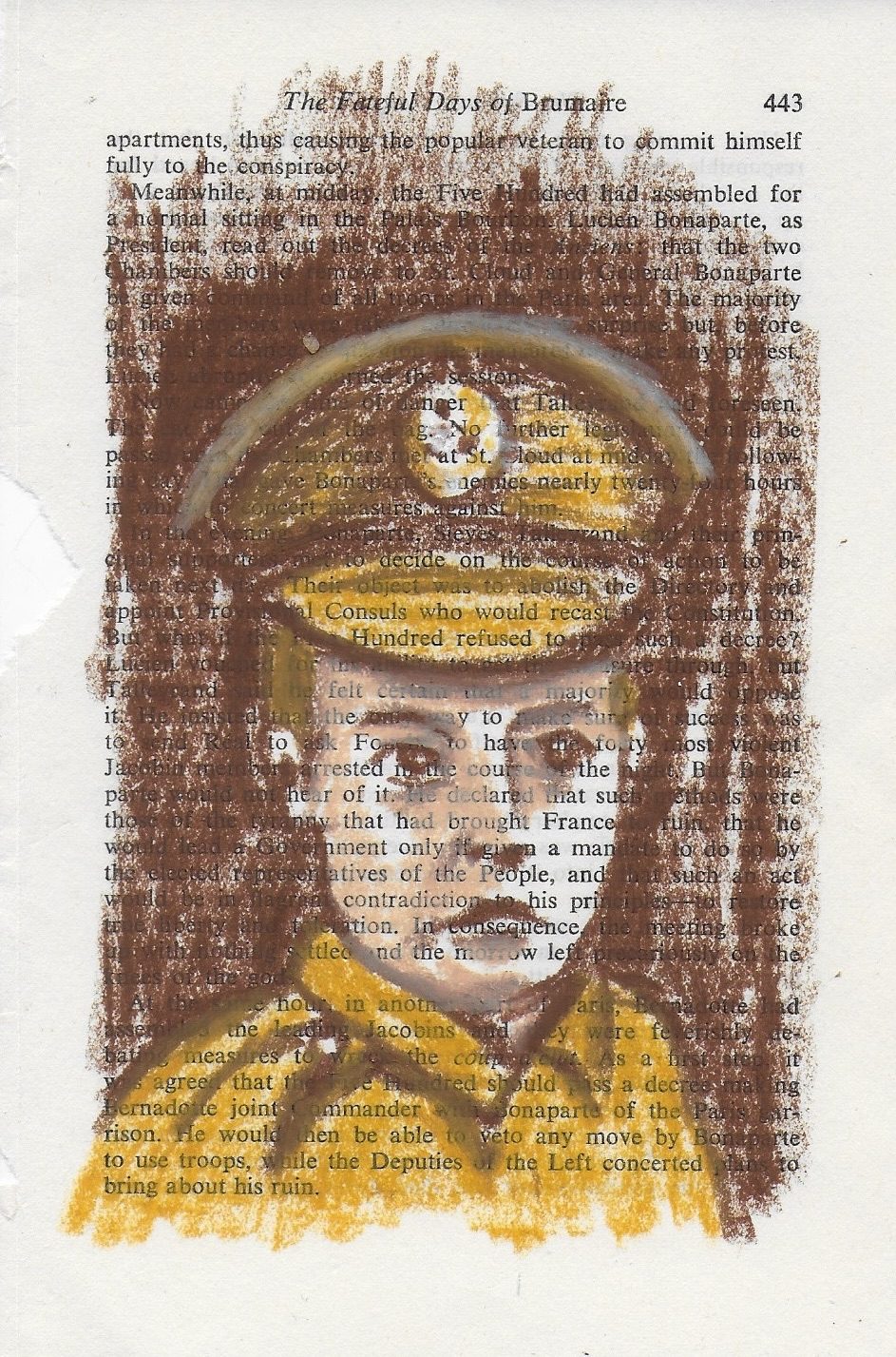 Oil pastel drawing in shades of brown of my great uncle in uniform on vintage book page