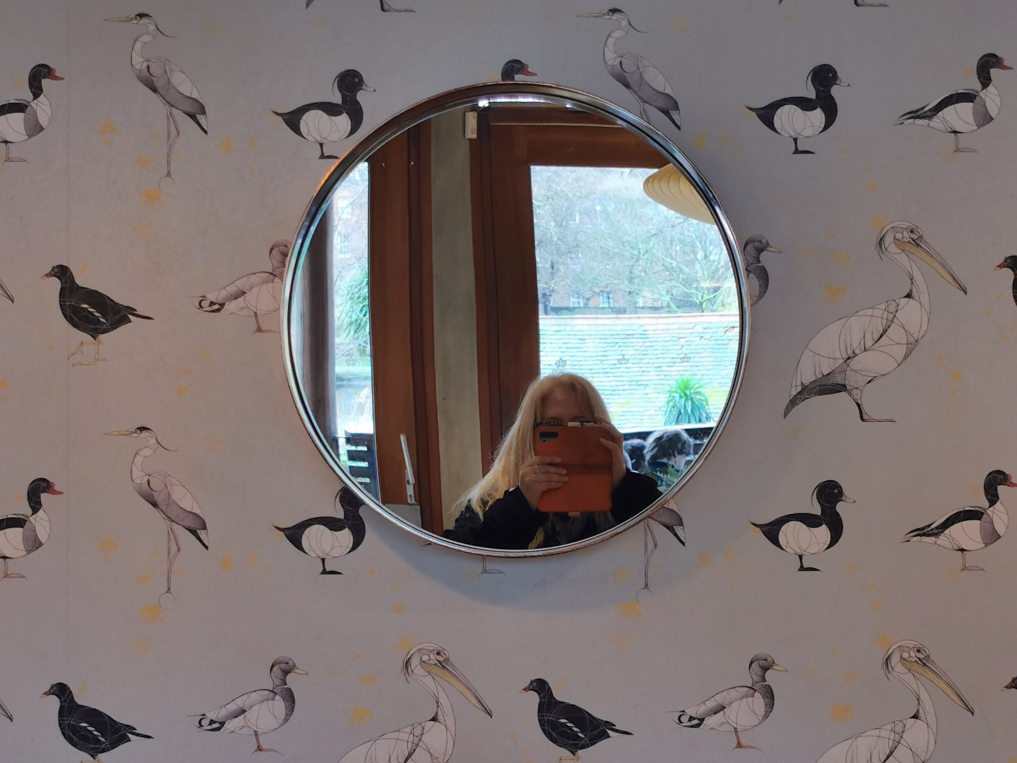 A round mirror in the centre of a wall covered in images of wildfowl. The photographer with a mobile phone is reflected in the mirror, her face obscured by the phone.