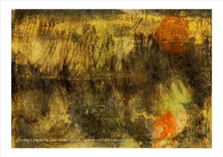 Monotype print on top of an old print which hadn't worked! Old print, which has lots of gold ink and texture, used as a background. New print on top depicts trees reflected in water and the sun going down, also reflected