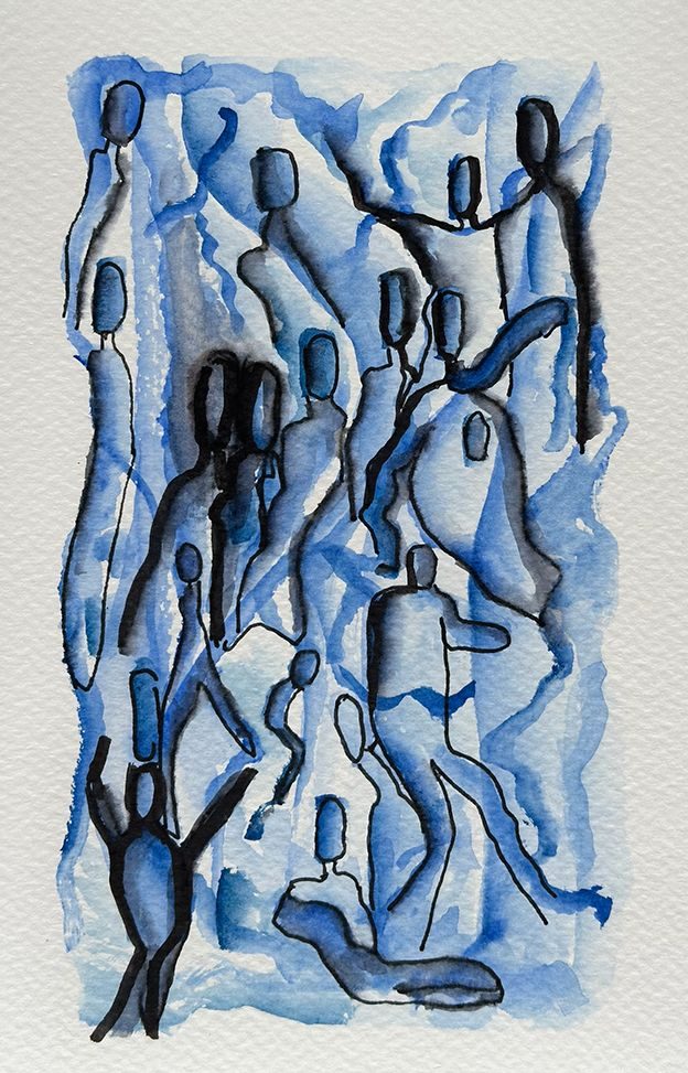 Blue and black ink and watercolor painting with floating figures